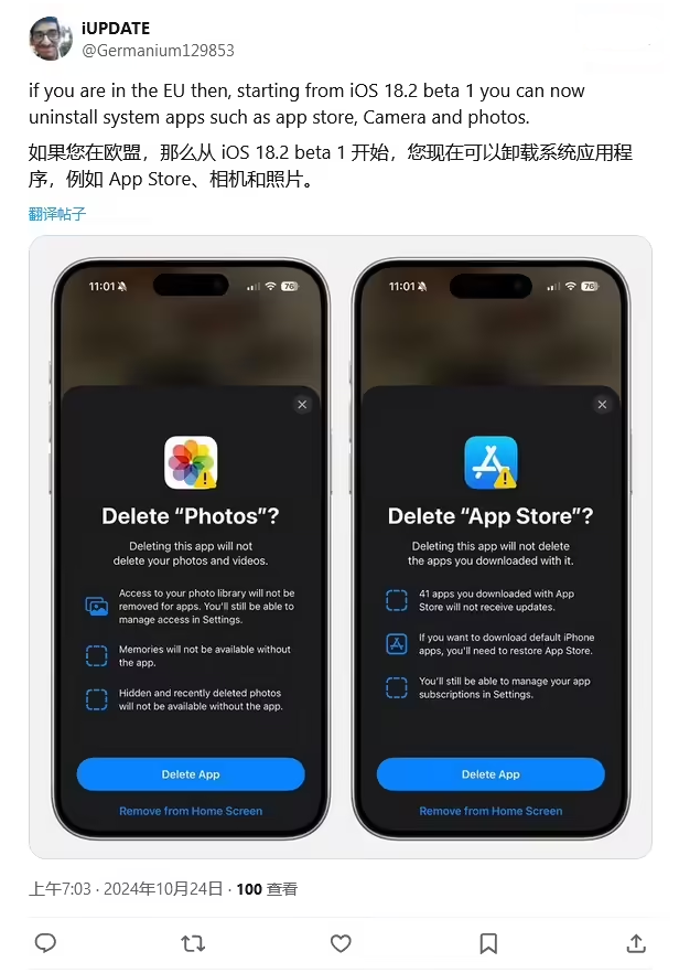 隆阳苹果手机维修分享iOS 18.2 支持删除 App Store 应用商店 