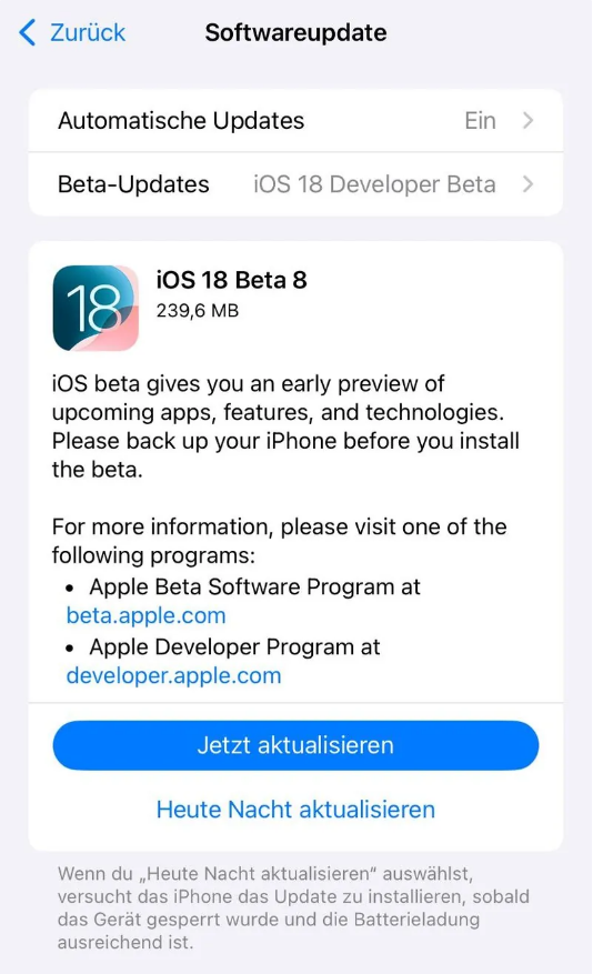 隆阳苹果手机维修分享苹果 iOS / iPadOS 18 开发者预览版 Beta 8 发布 